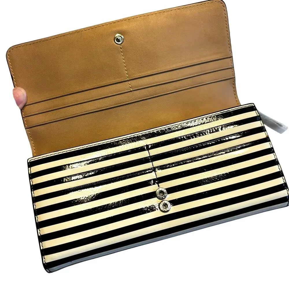 Lodis brand striped beige & black Chevron patent leather wallet clutch purse